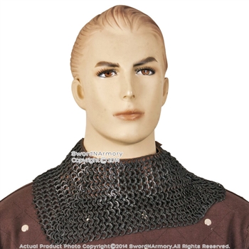 Medieval Aventail Chainmail w/ Leather Collar Protector Flat Ring Round Riveted