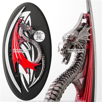 11" Semi Circle Round Red Black Fierce  Dragon Dagger Knife with Display Plaque