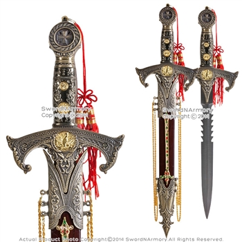 15.5" Knights Templar Dagger Short Sword Pheonix Partially Serrated Steel Blade