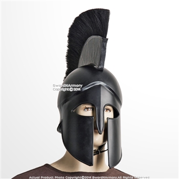 Black Wearable Greek Corinthian Spartan Battle Helmet w/ Plume Linear 20G Steel