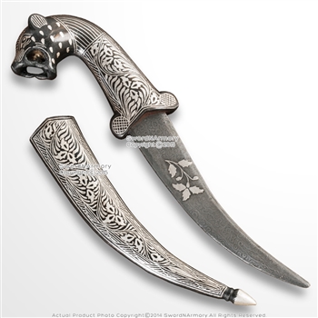 Handmade Iron Forged Koftgari Damascus Steel Blade Tiger Handle Dagger Knife