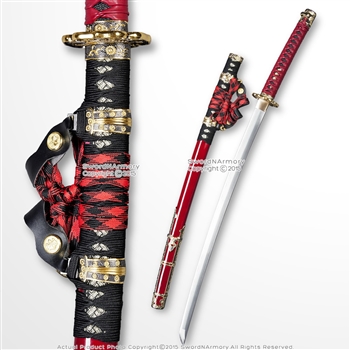 Musha 1045 Through Hardened Steel Tachi Katana Leather Handle Samurai Sword Red