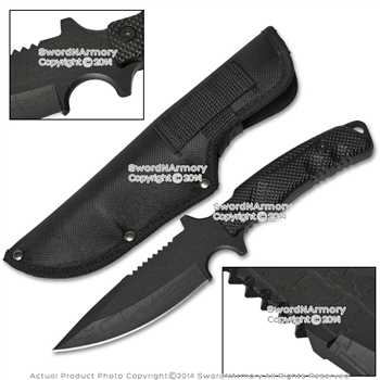 Black Tactical Fixed Blade Knife Dagger Saw Tooth Spine w/ Nylon Sheath