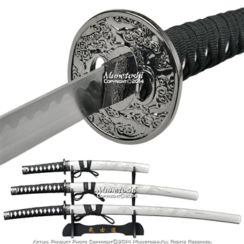 4 Pcs White Dragon Japanese Style Samurai Sword Set Katana Wakizashi Tanto Stand