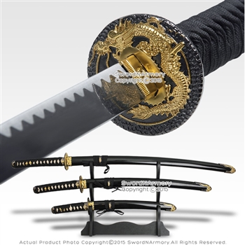 Japanese Bushido Dragon Last Samurai Sword Set Katana Wakizashi Tanto w/ Stand