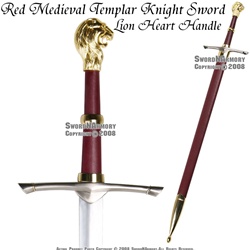 Red Medieval Templar Knight Sword With Lion Heart Handle