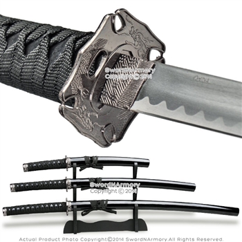 Black 4 Pcs Dragon Samurai Sword Set with Display Stand