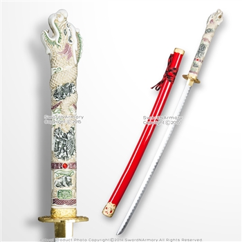 Open Mouth Highlander Dragon Samurai Katana Sword with Red Scabbard Gold Fitting