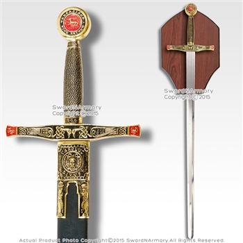 40.5" Gold King Excalibur Medieval Crusader Knight Sword w/ Wooden Display Plaq