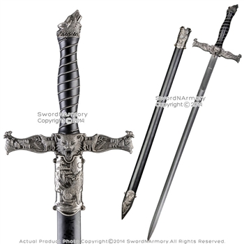 31.5" One Handed Medieval Wolf Fantasy Sword with Black Steel Scabbard Cosplay