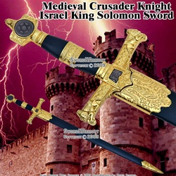 King Solomon Fantasy Medieval Sword. The ends of the quillons are Persian Sphinxes wearing a kippah on their heads. The handle is ringed with gold plastic framing with a black grip.