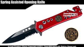 Assisted Opening Rescue Knife Fire Fighter Red Serrated