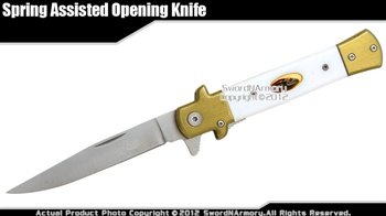 8" Duck Brand Spring Assisted Pocket Folding Knife White Handle Metal Bolster