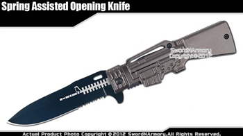 M16 Assault Rifle Style Assisted Open Folding Pocket Knife Serrated Blade Gray