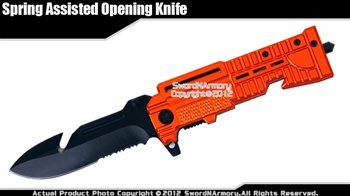 Orange Spring Assisted Open Folding Knife Serrated Blade Gut Hook Rope Cutter