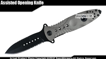 Spring Assisted Opening Serrated Combat Tactical Folding Knife w/ Steel Punch GY