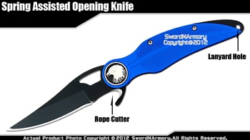 Blue Feather Knife Spring Assisted Opening Folder with Rope Cutter Eagle Emblem