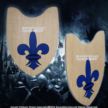 14" Wooden Medieval Crusader Shield Plywood w/ Blue Fleur de Lis Flower & Grip